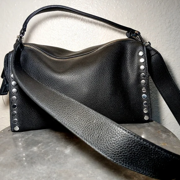 Pebbled Black Vegan Leather Studded Billet Biker Rocker Handbag Crossbody Bag - Picture 4 of 12